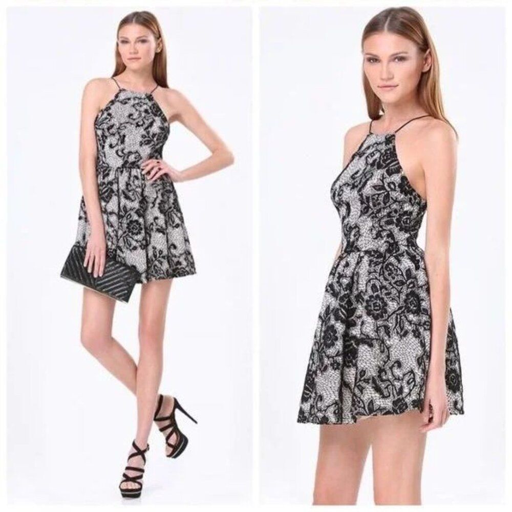 Bebe Square Neck Ruffle Dress Mini Lace Black Size 8